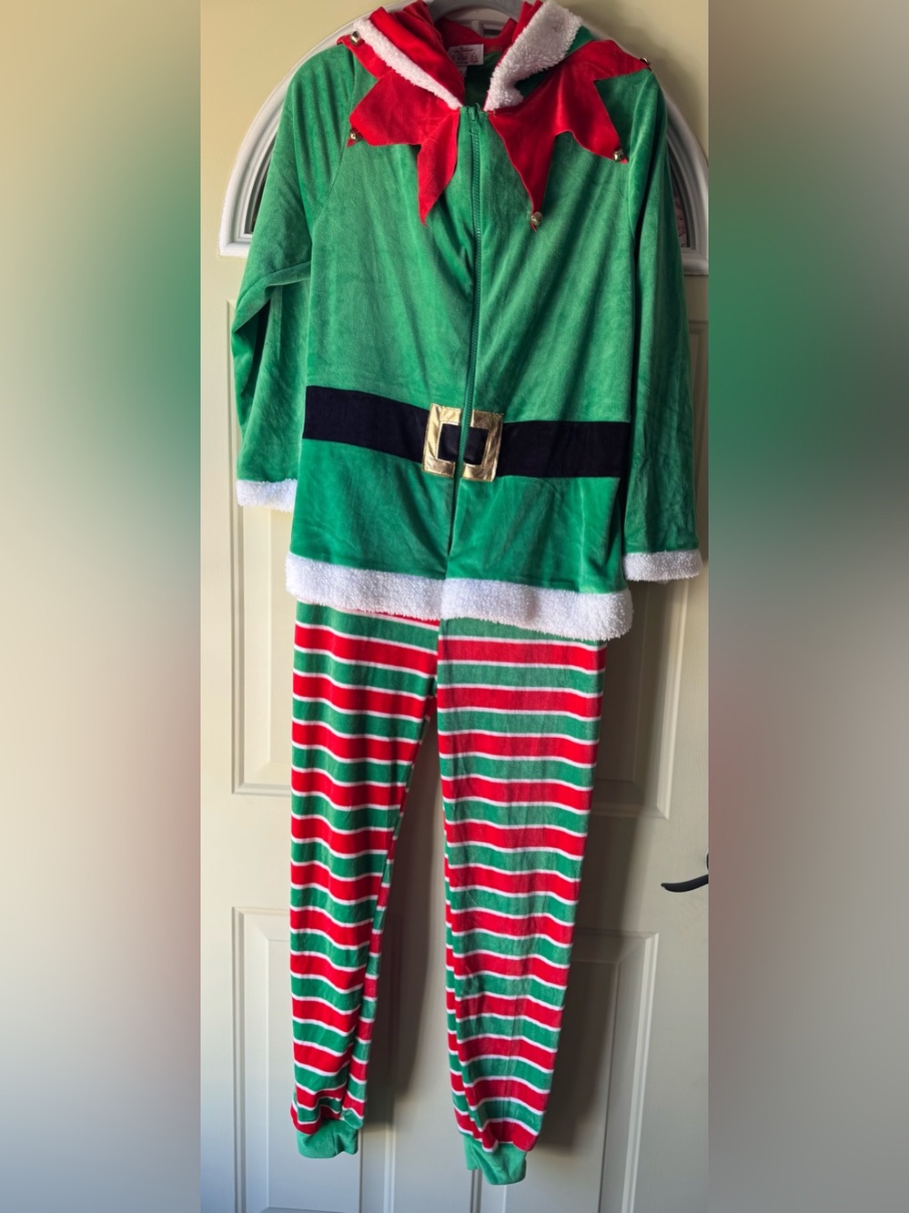 Adults Green and Red Elf Costume One-Piece Pajama